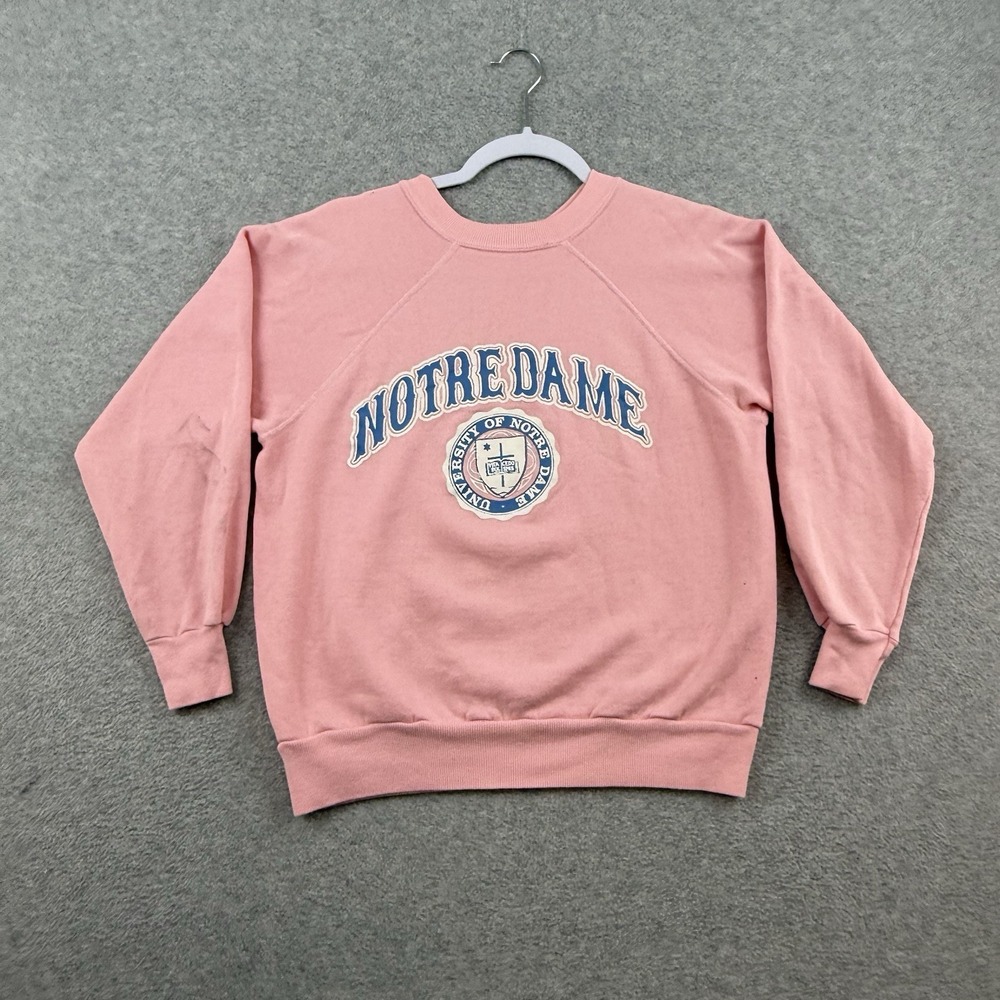 Vintage 80s Notre Dame Sweatshirt Pink Blue Raglan Letters Medium Girly Rare M - Picture 1 of 9